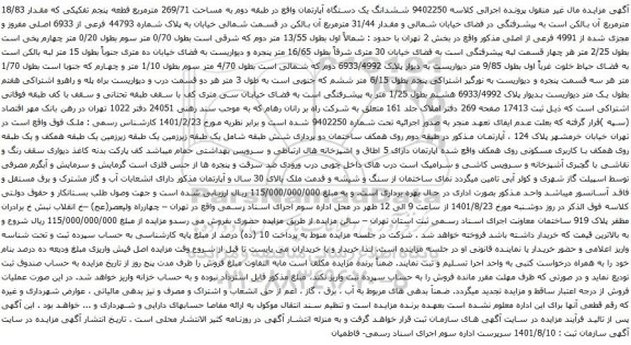 آگهی مزایده ششدانگ یک دستگاه آپارتمان واقع در طبقه دوم به مساحت 269/71 مترمربع قطعه پنجم تفکیکی که مقدار 18/83 مترمربع 