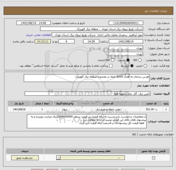 استعلام هرس درختان به تعداد 8000 اصله در محدوده منطقه برق کهریزک