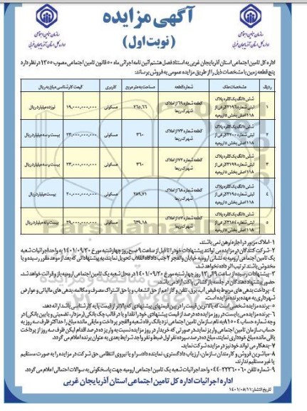 مزایده فروش پنج قطعه زمین کاربری مسکونی نوبت اول 