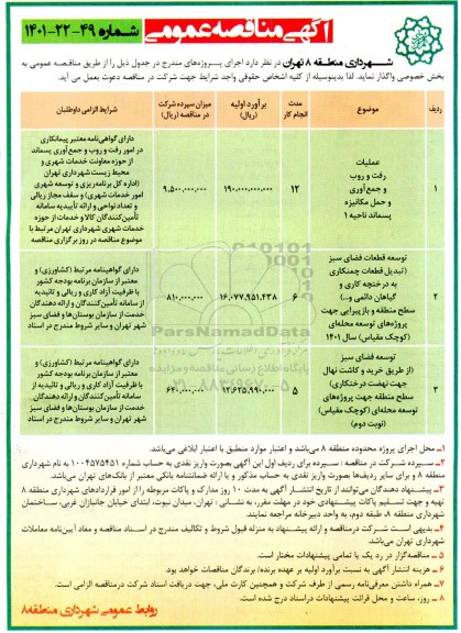 مناقصه عمومی عملیات رفت و روب و جمع آوری و حمل مکانیزه پسماند ناحیه 1 ...