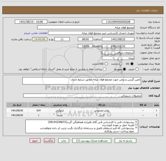 استعلام تامین گریس و روغن جهت مجتمع فولاد میانه مطابق شرایط جدول