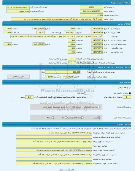 مزایده ،  فروش 7 پلاک مسکونی واقع در بلوار آزادگان ، میدان انقلاب مجموعه آپادانا منطقه سه شهرداری نجف آباد -مزایده زمین  - استان