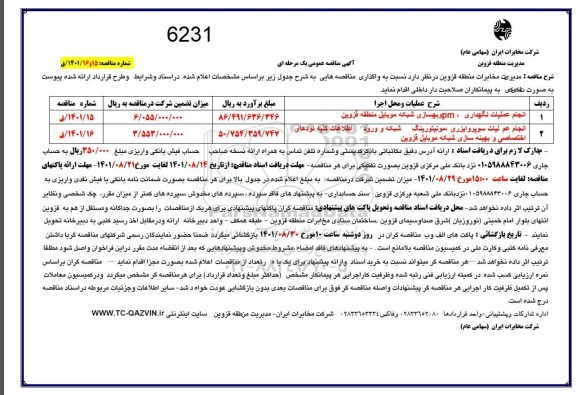 مناقصه انجام عملیات نگهداری، PM و بهسازی شبکه موبایل ...