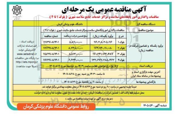 مناقصات واگذاری امور پایگاههای سلامت و مراکز خدمات جامع سلامت شهری 