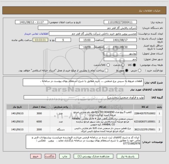 استعلام  قطعات مربوط به سینی برج صنعتی ... خرید مطابق با شرح استعلام بهای پیوست در سامانه .