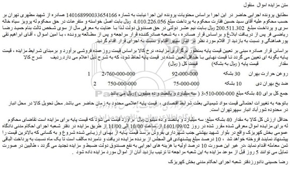 مزایده فروش  روغن حرارت بهران 