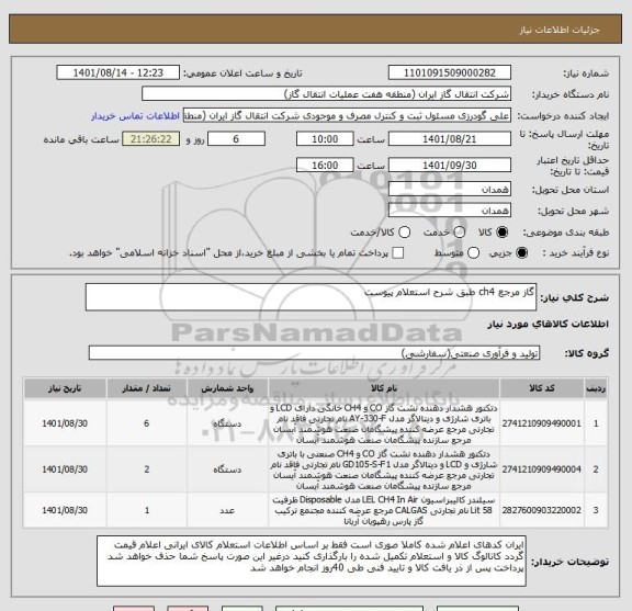 استعلام گاز مرجع ch4 طبق شرح استعلام پیوست