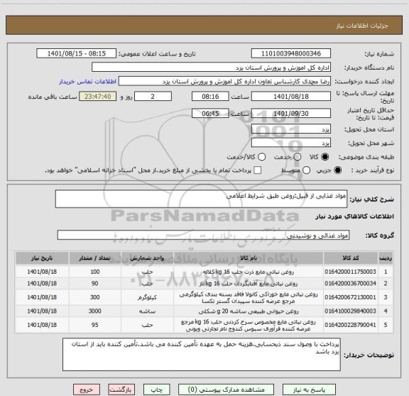 استعلام مواد غذایی از قبیل:روغن طبق شرایط اعلامی