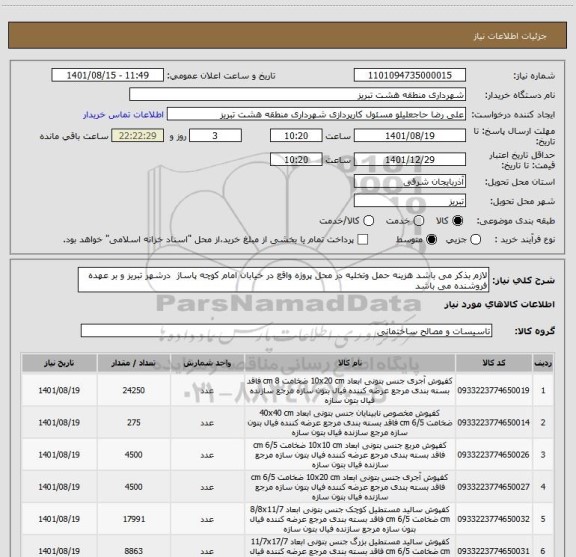 استعلام لازم بذکر می باشد هزینه حمل وتخلیه در محل پروژه واقع در خیابان امام کوچه پاساژ  درشهر تبریز و بر عهده فروشنده می باشد