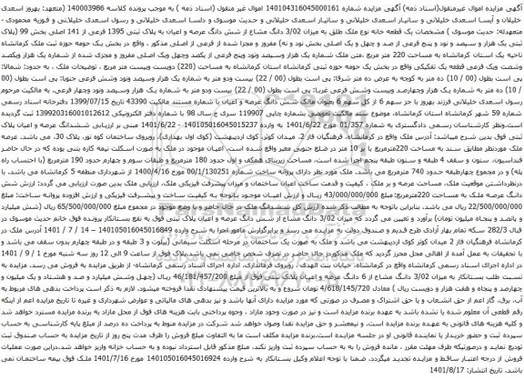 آگهی مزایده  یک قطعه خانه نوع ملک طلق به میزان 3/02 دانگ مشاع از شش دانگ عرصه و اعیان به پلاک ثبتی 1395 فرعی از 141 اصلی