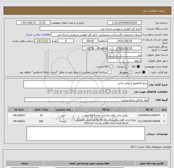 استعلام برنج کامفیروز و روغن نباتی