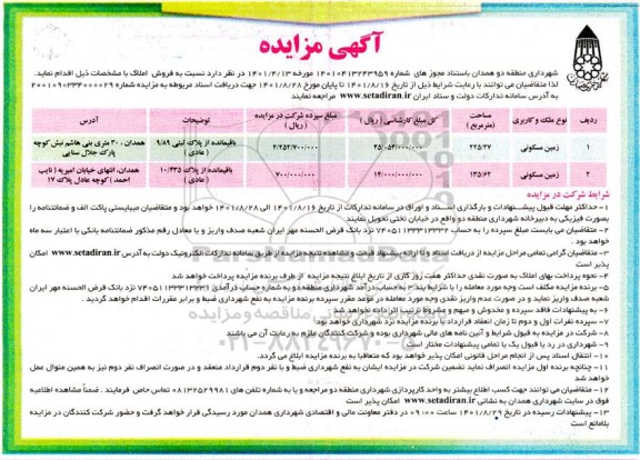 مزایده فروش املاک با کاربری زمین مسکونی 