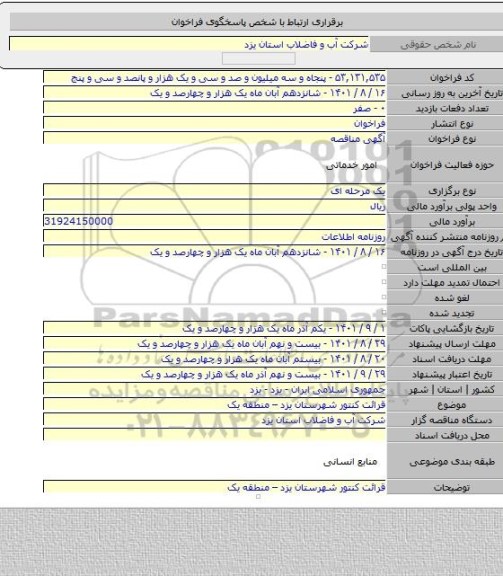 مناقصه, قرائت کنتور شهرستان یزد – منطقه یک