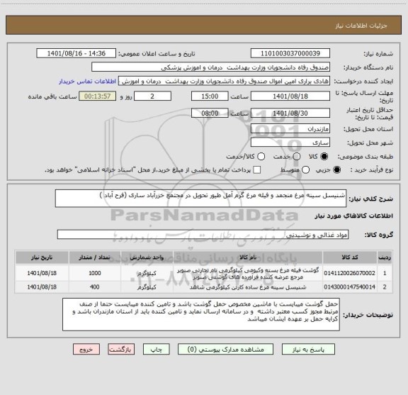 استعلام شنیسل سینه مرغ منجمد و فیله مرغ گرم آمل طیور تحویل در مجتمع خزرآباد ساری (فرح آباد )