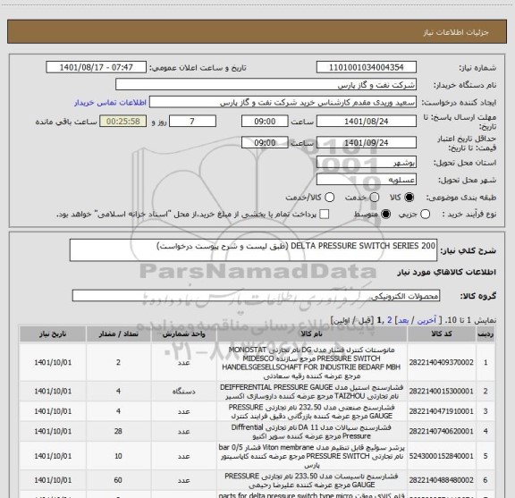 استعلام DELTA PRESSURE SWITCH SERIES 200 (طبق لیست و شرح پیوست درخواست)