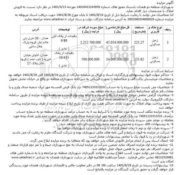 مزایده فروش املاک کاربری مسکونی 225.27 و 135.62 مترمربع 