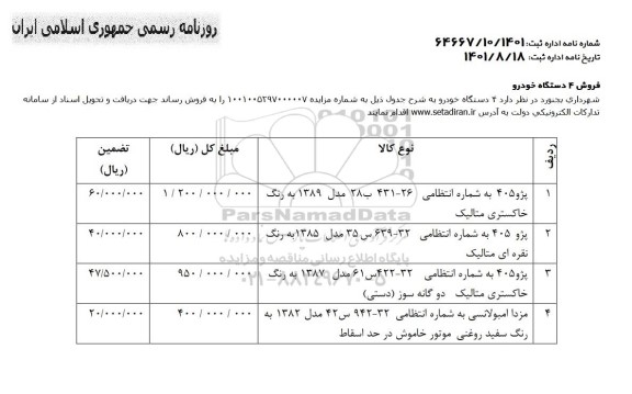 مزایده فروش 4 دستگاه خودرو 