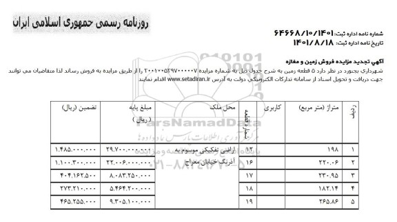 مزایده فروش زمین و مغازه تجدید