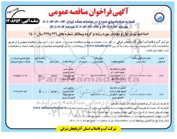 مناقصه حفاری دو حلقه چاه عمیق نوبت سوم اصلاحیه 