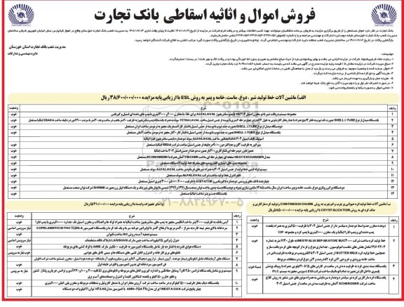 مزایده فروش اموال و اثاثیه اسقاطی بانک تجارت 