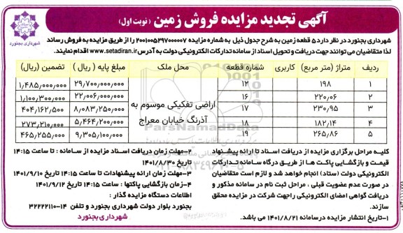 آگهی تجدید مزایده فروش زمین 