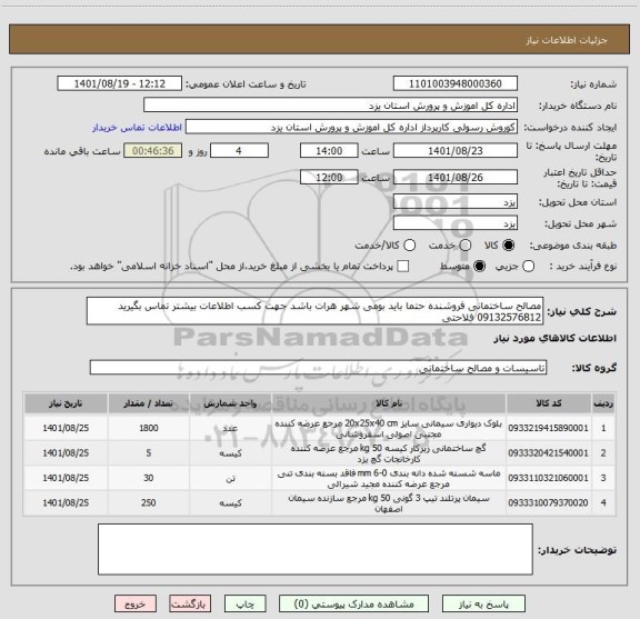 استعلام مصالح ساختمانی فروشنده حتما باید بومی شهر هرات باشد جهت کسب اطلاعات بیشتر تماس بگیرید 09132576812 فلاحتی