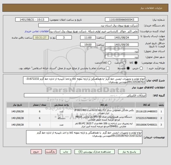 استعلام انواع لوازم و تجهیزات ایمنی خط گرم  با هماهنگی و ارایه نمونه کالا و اخذ تاییدیه از اداره خط گرم 31672232-09133538763مهندس یوسفیان