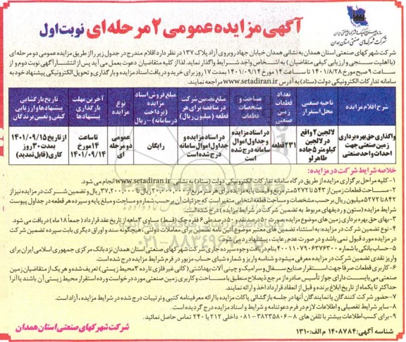 مزایده واگذاری حق بهره برداری زمین صنعتی جهت احداث واحد صنعتی 