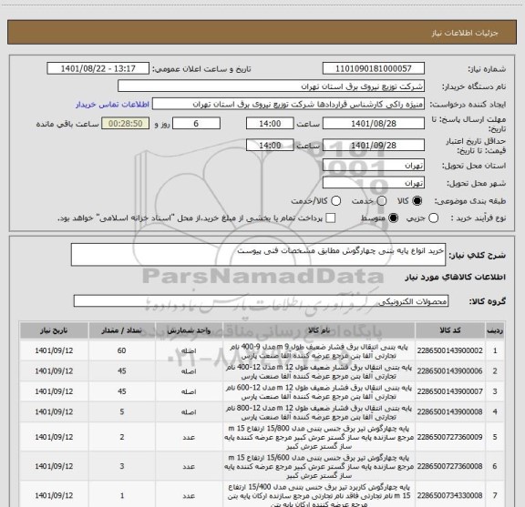 استعلام خرید انواع پایه بتنی چهارگوش مطابق مشخصات فنی پیوست