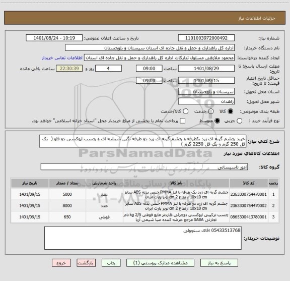 استعلام خرید چشم گربه ای زرد یکطرفه و چشم گربه ای زرد دو طرفه نگین شیشه ای و چسب اپوکسی دو قلو (  یک قل 250 گرم و یک قل 2250 گرم )