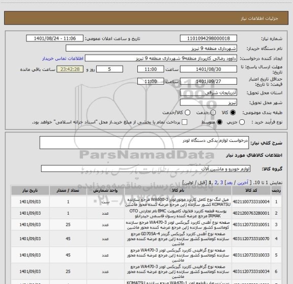 استعلام درخواست لوازم یدکی دستگاه لودر