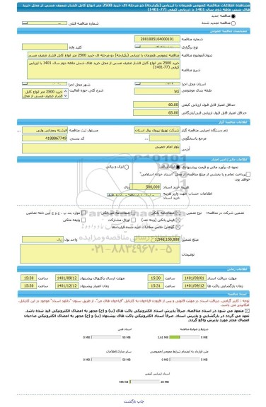 مناقصه، مناقصه عمومی همزمان با ارزیابی (یکپارچه) دو مرحله ای خرید 2500 متر انواع کابل فشار ضعیف مسی از محل خرید های شش ماهه دوم سال 1401 با ارزیابی کیفی (77-1401)