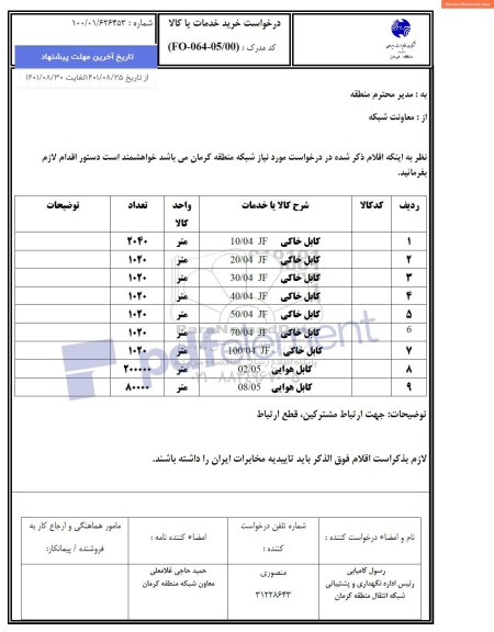 استعلام تامین کابل خاکی و کابل هوایی