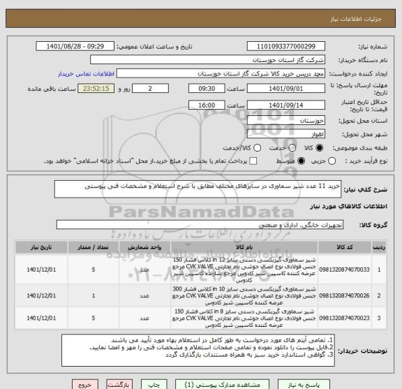 استعلام خرید 11 عدد شیر سماوری در سایزهای مختلف مطابق با شرح استعلام و مشخصات فنی پیوستی