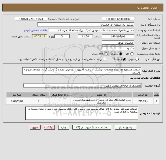 استعلام خدمات مشاوره ای انجام مطالعات ژئوتکنیک مربوط به 6 پروژه :  جاجرم، بجنورد (ارکان) ، گرمه، جغتای، فاروج و کاشمر.