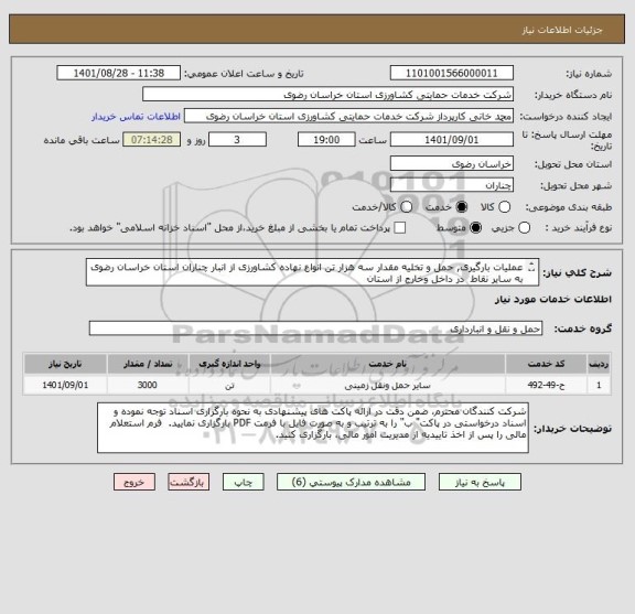 استعلام عملیات بارگیری, حمل و تخلیه مقدار سه هزار تن انواع نهاده کشاورزی از انبار چناران استان خراسان رضوی به سایر نقاط  در داخل وخارج از استان