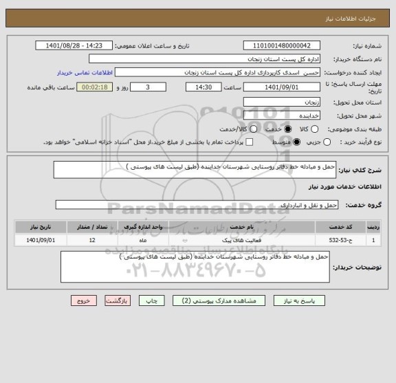 استعلام حمل و مبادله خط دفاتر روستایی شهرستان خدابنده (طبق لیست های پیوستی )