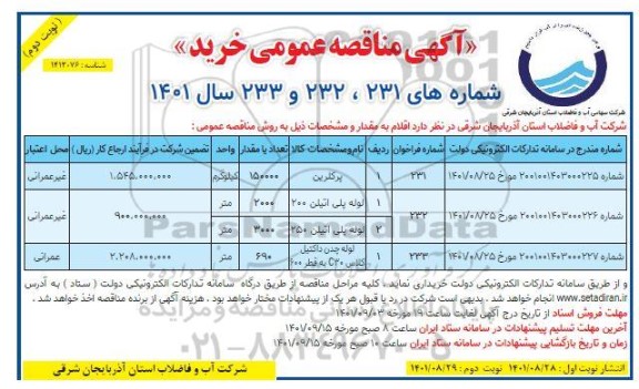 مناقصه خرید پرکلرین و ...- نوبت دوم