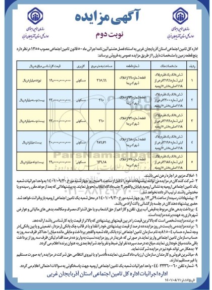 مزایده فروش پنج قطعه زمین کاربری مسکونی نوبت دوم