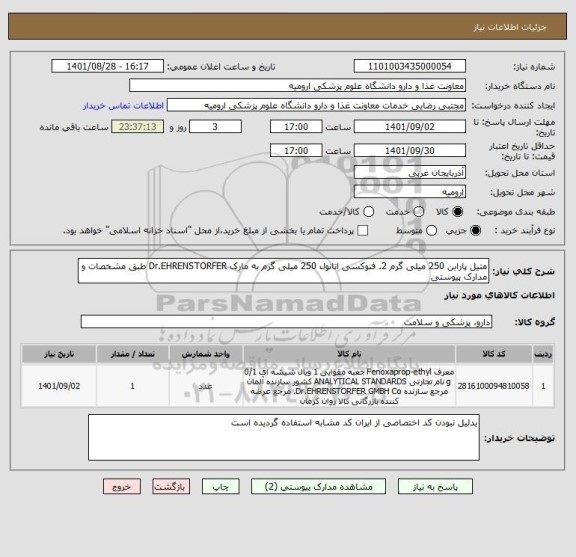 استعلام متیل پارابن 250 میلی گرم 2. فنوکسی اتانول 250 میلی گرم به مارک Dr.EHRENSTORFER طبق مشخصات و مدارک پیوستی