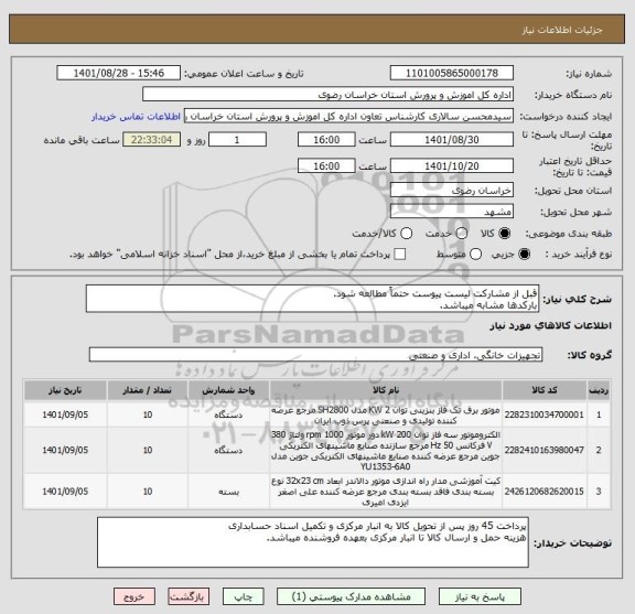 استعلام قبل از مشارکت لیست پیوست حتماً مطالعه شود.
بارکدها مشابه میباشد.