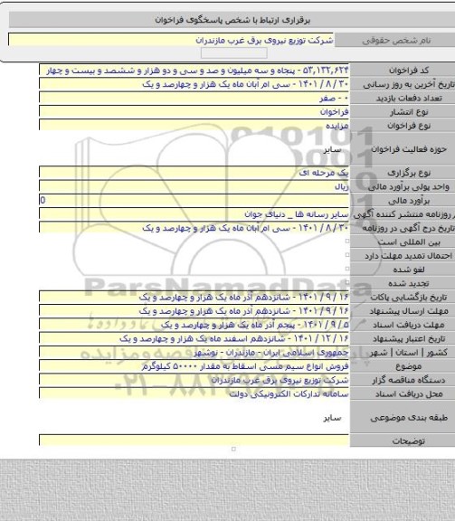 مزایده, فروش انواع سیم مسی اسقاط به مقدار ۵۰۰۰۰ کیلوگرم