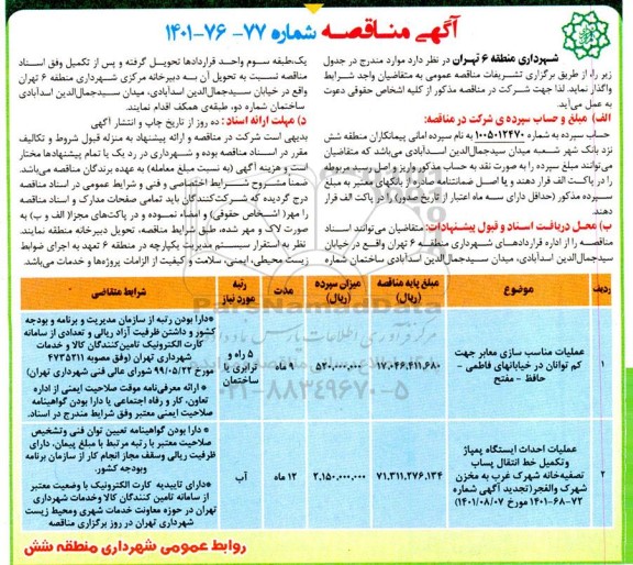 مناقصه عملیات مناسب سازی معابر جهت کم توانان ...