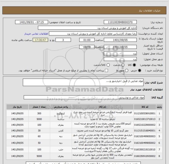 استعلام مواد غذایی از قبیل :خیارشور و....