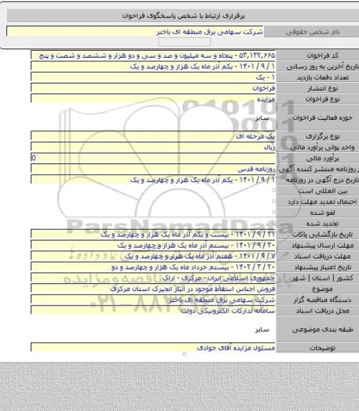 مزایده, فروش اجناس اسقاط موجود در انبار انجیرک استان مرکزی