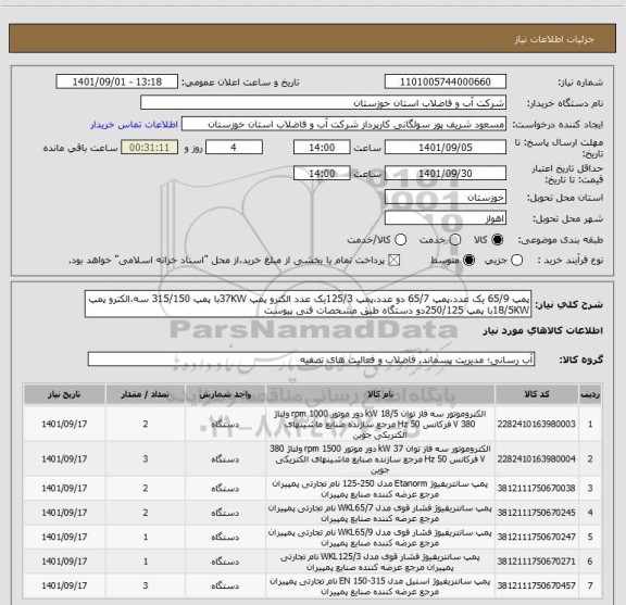 استعلام پمپ 65/9 یک عدد،پمپ 65/7 دو عدد،پمپ 125/3یک عدد الکترو پمپ 37KWبا پمپ 315/150 سه،الکترو پمپ 18/5KWبا پمپ 250/125دو دستگاه طبق مشخصات فنی پیوست