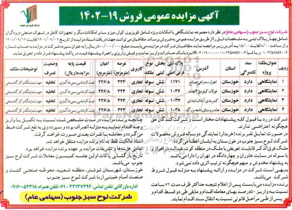 مزایده فروش مجموعه نمایشگاهی با امکانات تلویزیون ، کولر 