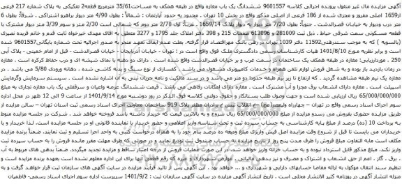 آگهی مزایده ششدانگ یک باب مغازه واقع در طبقه همکف به مساحت35/61 مترمربع قطعه2 تفکیکی به پلاک شماره 217 فرعی از1659 اصلی