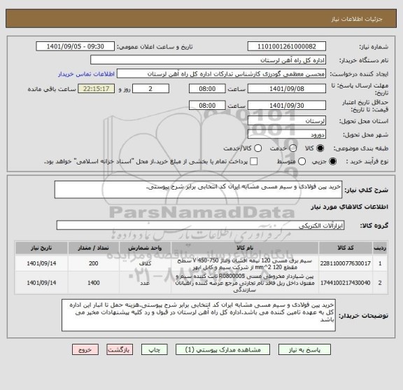 استعلام خرید پین فولادی و سیم مسی مشابه ایران کد انتخابی برابر شرح پیوستی.