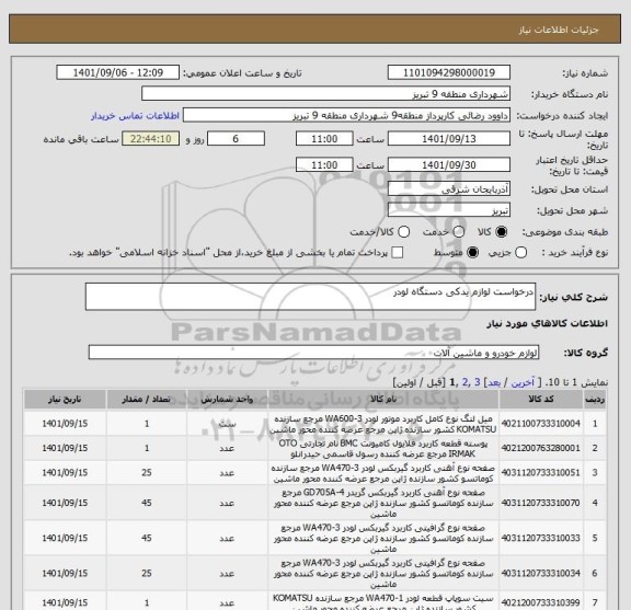 استعلام درخواست لوازم یدکی دستگاه لودر